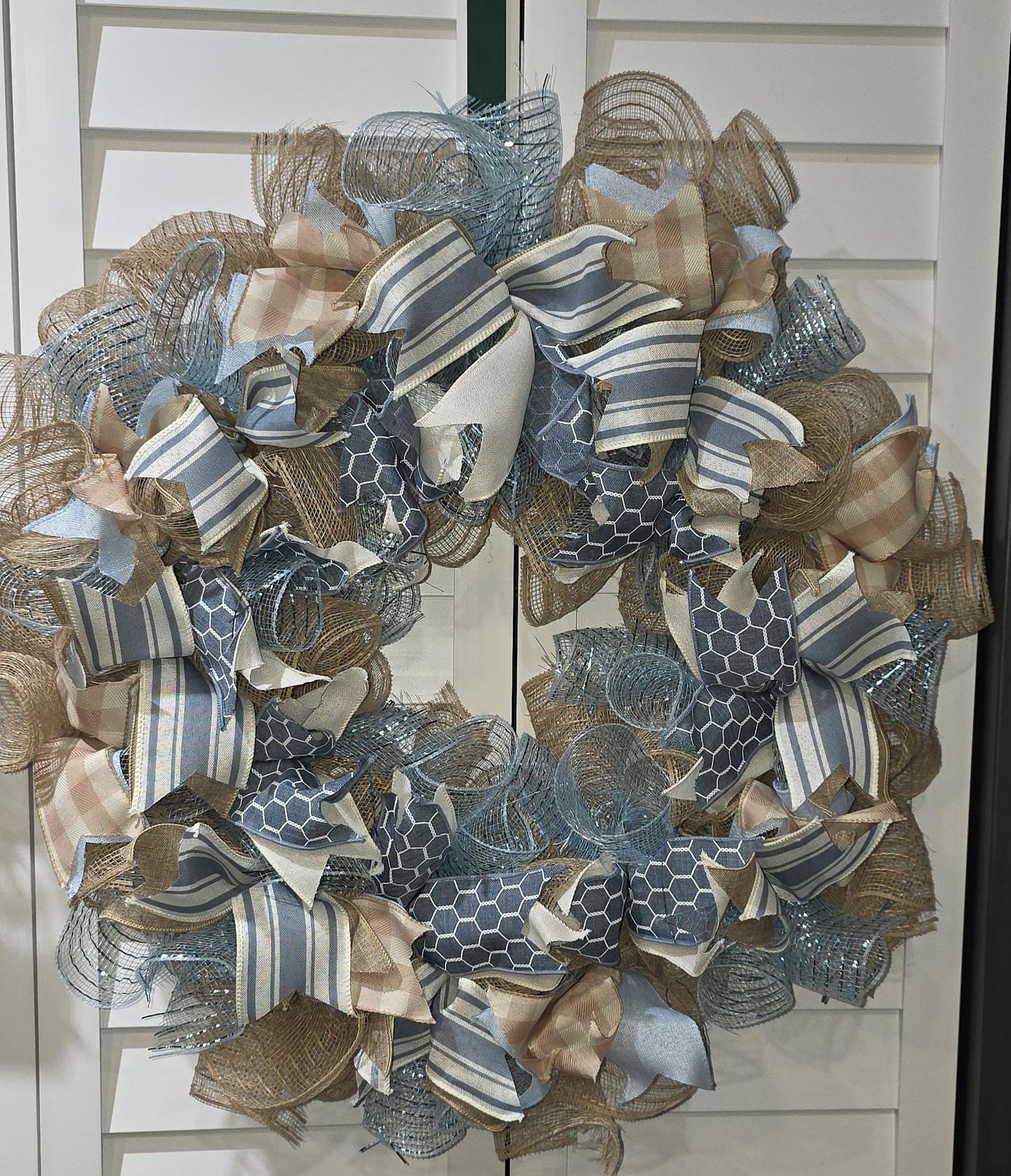 Handmade Wreath - Burlap, Blue and Off-White