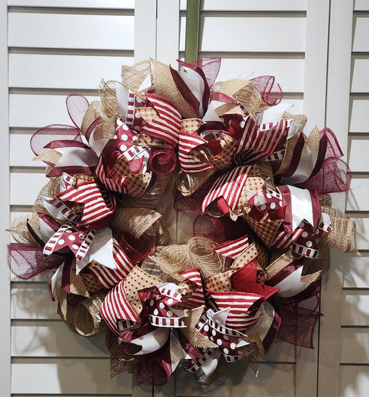Maroon White and Beige Door Wreath