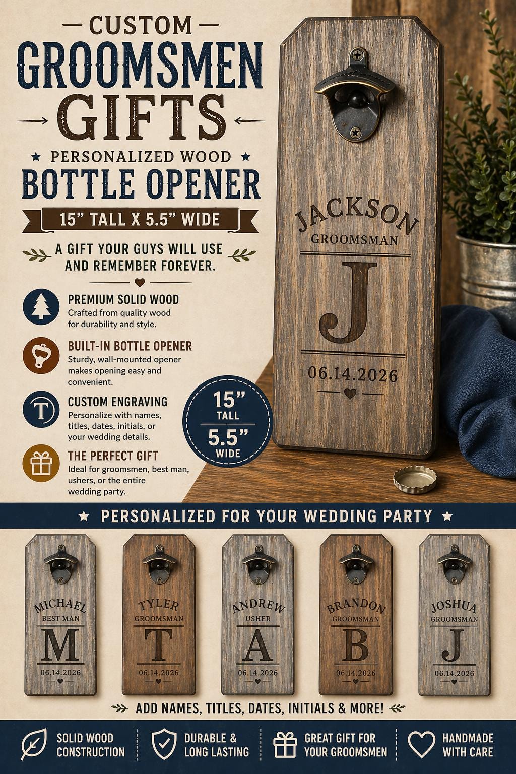Personalized Engraved Wood Wall-Mounted Bottle Opener
