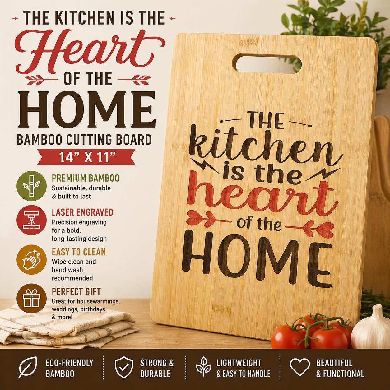 Custom 14" x 11" Bamboo Cutting Board | Engraved Kitchen Gift | Wedding or Housewarming Gift
