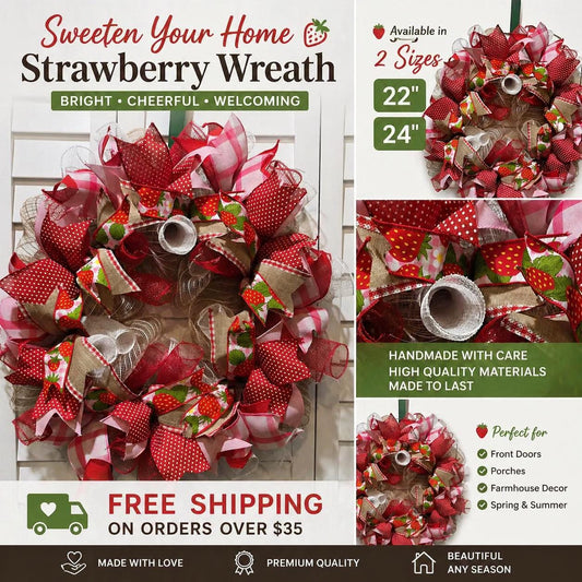 Spring-Summer Strawberry Handmade Door Wreath Pink and Red