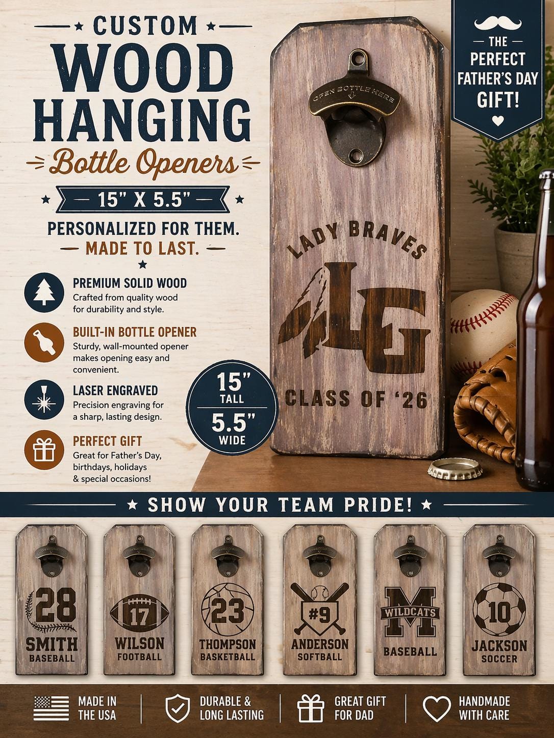 Personalized Engraved Wood Wall-Mounted Bottle Opener