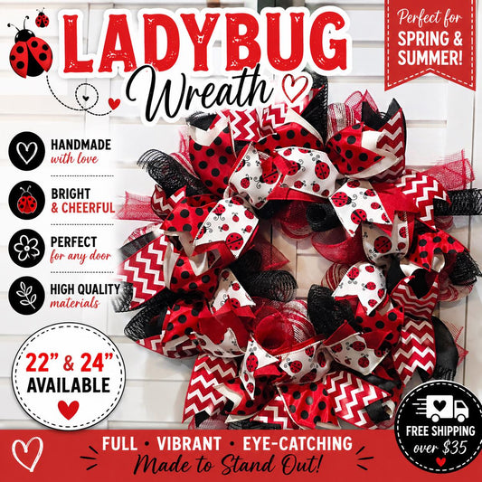 Ladybug Wreath for Front Door | Red Black Summer Wreath | 22" or 24" Deco Mesh Wreath | Spring Ladybug Decor | Everyday Door Wreath