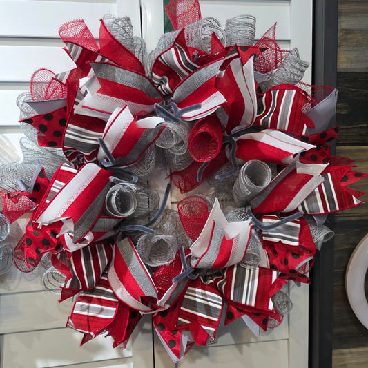 Red Grey and White Handmade Door Wreath