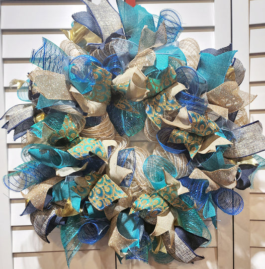 Holiday Peacock Green, Blue and Gold Door Wreath