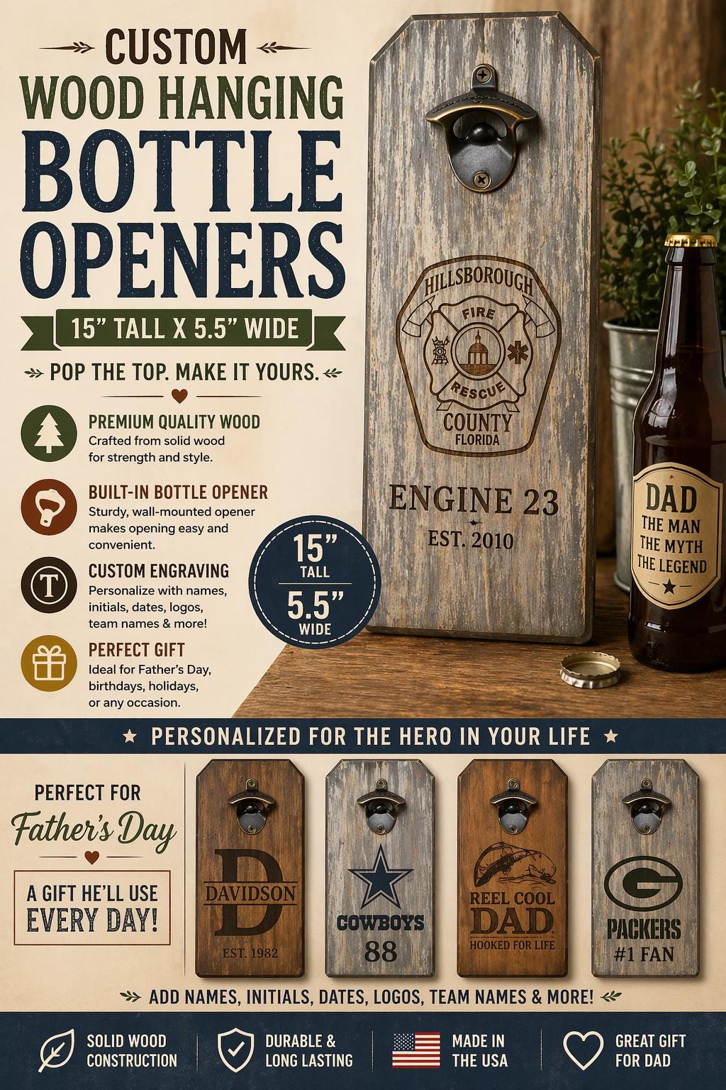 Personalized Engraved Wood Wall-Mounted Bottle Opener