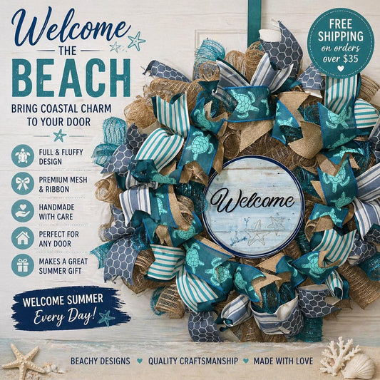 Welcome Coastal Teal Handmade Wreath Turtles, Starfish