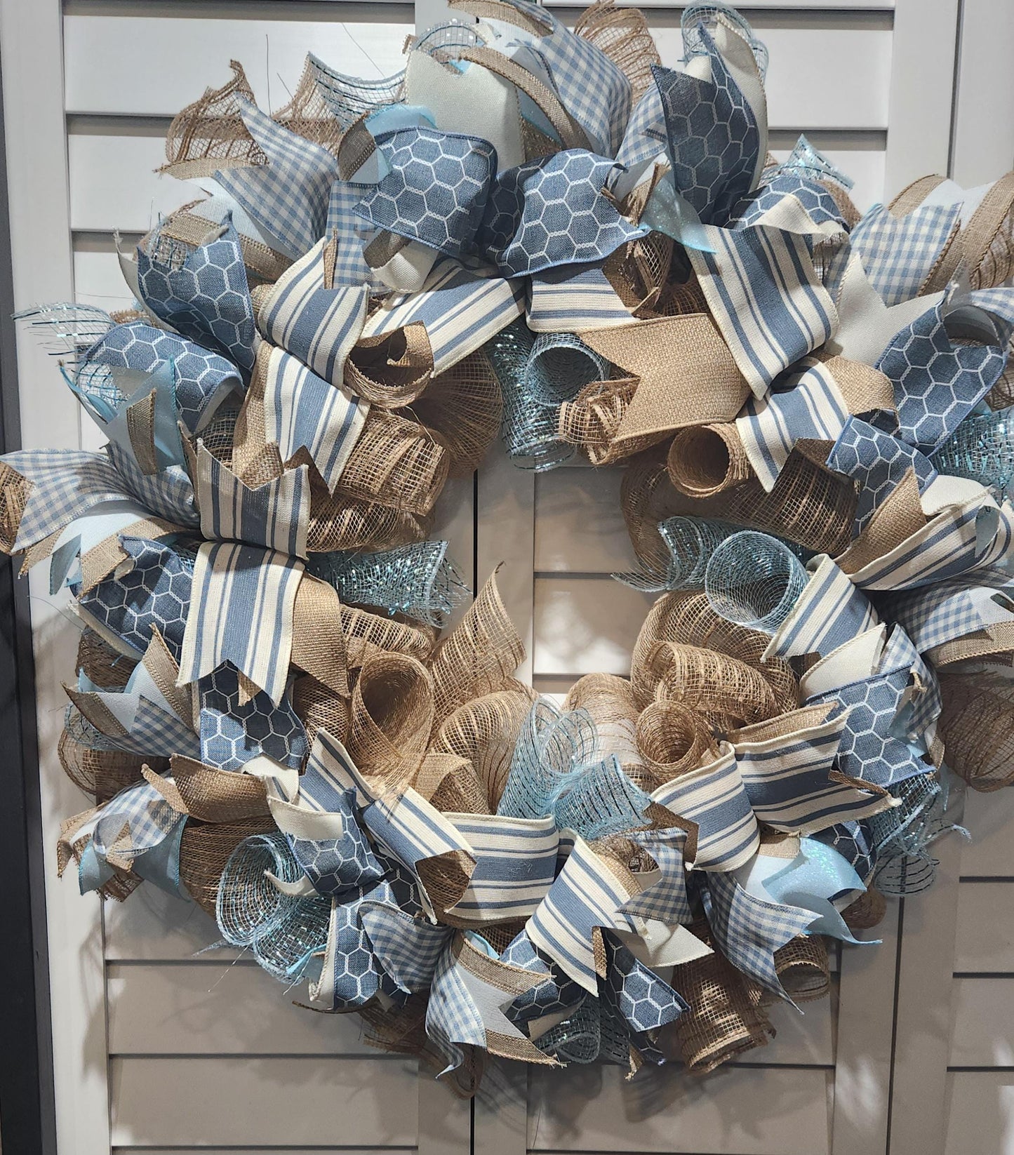 Handmade Wreath - Burlap, Blue and Off-White