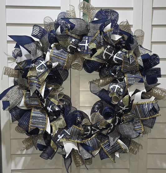 Nautical Holiday Blue, White and Gold Winter Christmas Door Wreath