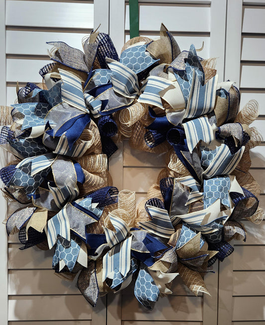 Handmade Wreath - Burlap, Blue and Off-White