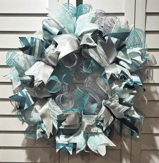 Teal, Silver and White White Handmade Door Wreath Snowflakes