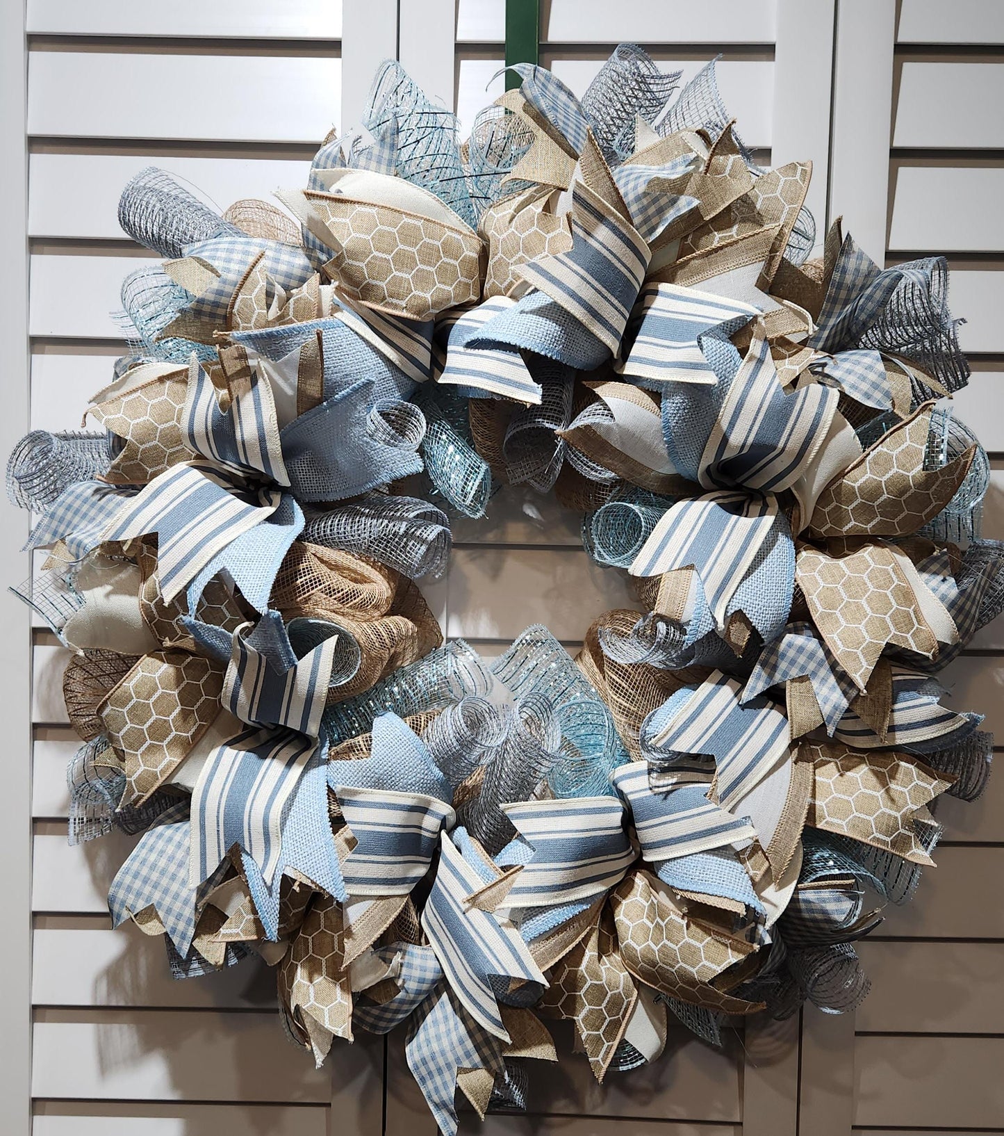 Handmade Wreath - Burlap, Blue and Off-White