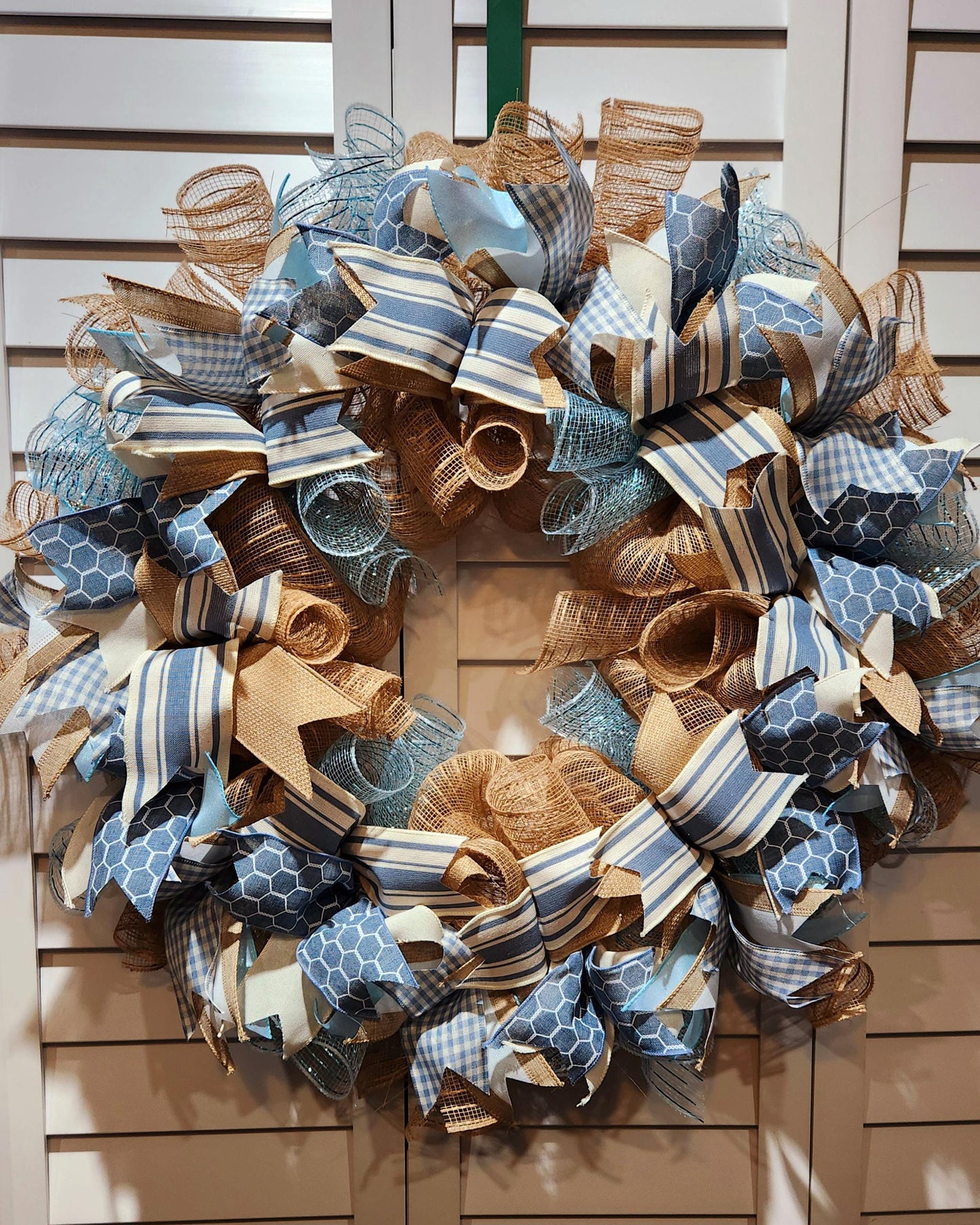 Handmade Wreath - Burlap, Blue and Off-White