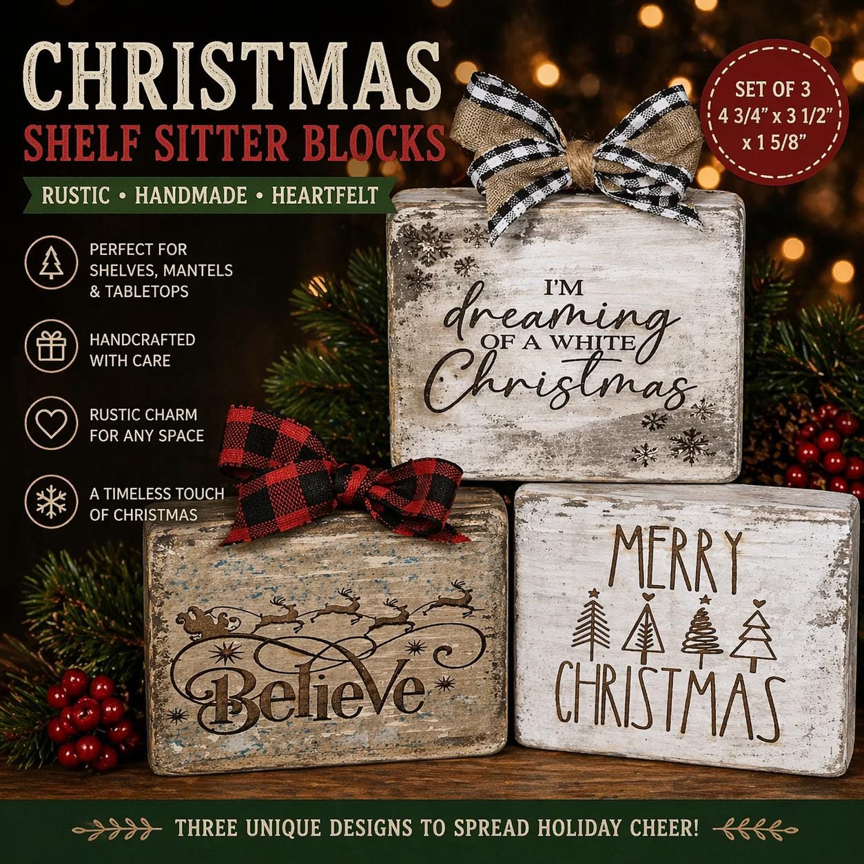 Laser Engraved Christmas Shelf Sitters | Custom Wood Holiday Blocks | Rustic Farmhouse Christmas Décor