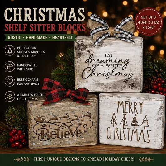 Laser Engraved Christmas Shelf Sitters | Custom Wood Holiday Blocks | Rustic Farmhouse Christmas Décor