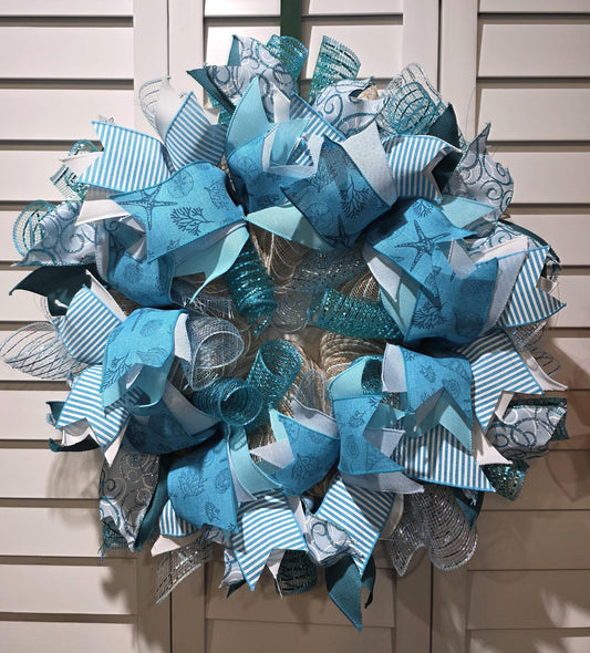 Starfish and Sea Shells Coastal Teal, Light Blue and White Handmade Wreath