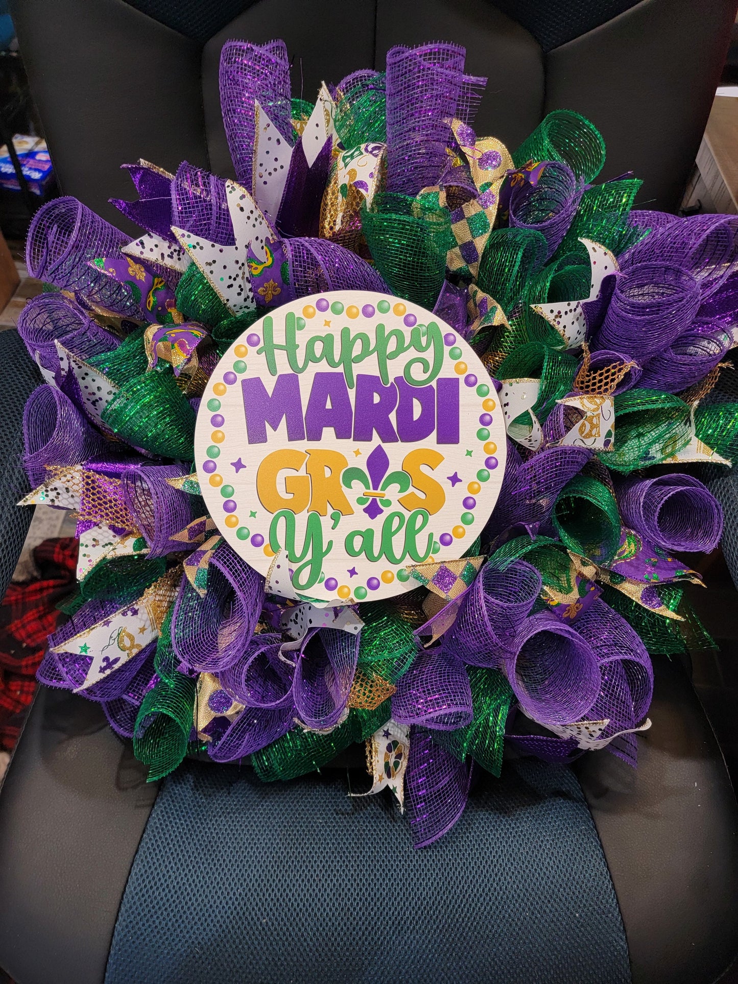 Mardi Gras Handmade Door Wreath - Your Choice of Sign - Baby or Happy Mardi Gras Y'all