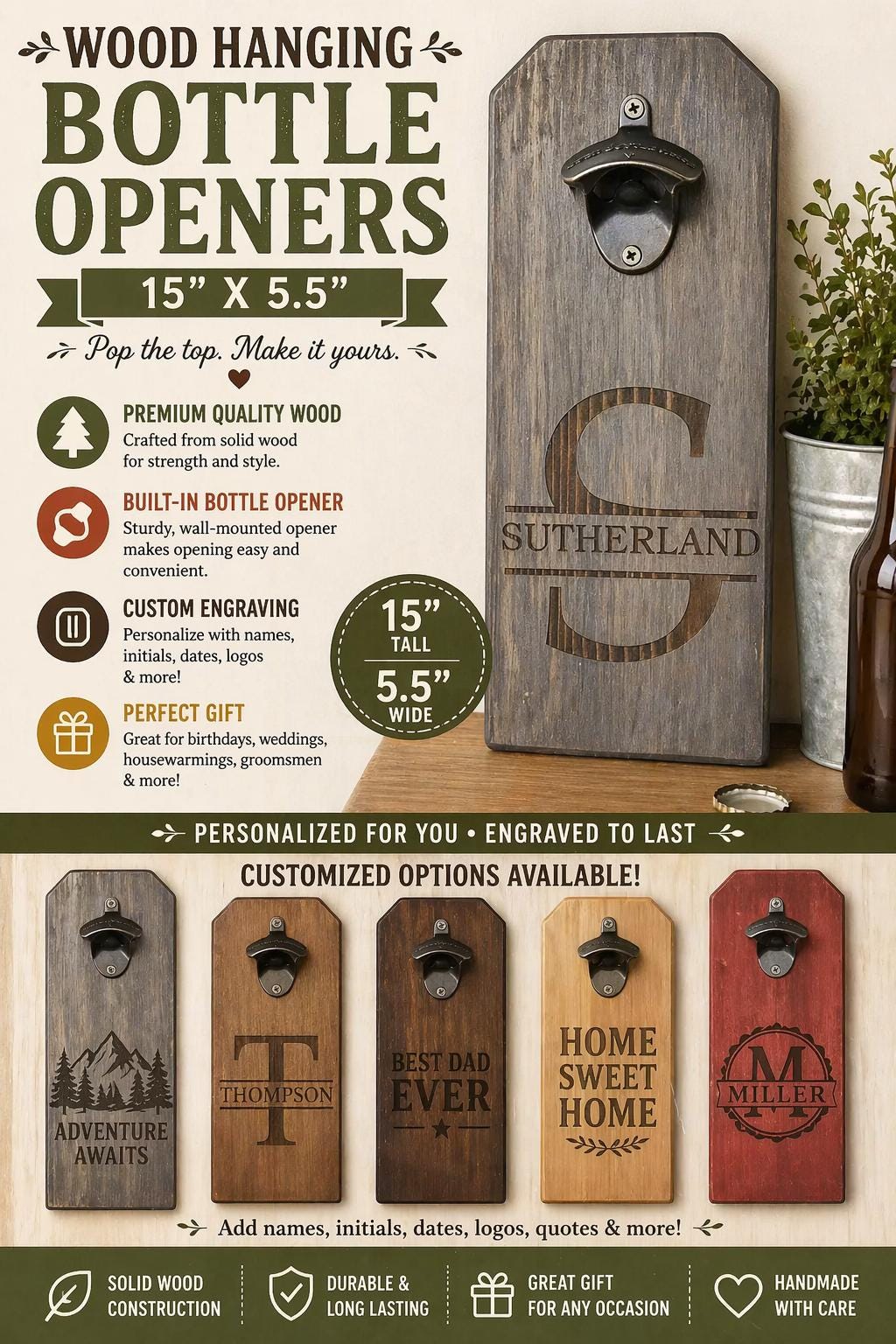 Personalized Engraved Wood Wall-Mounted Bottle Opener