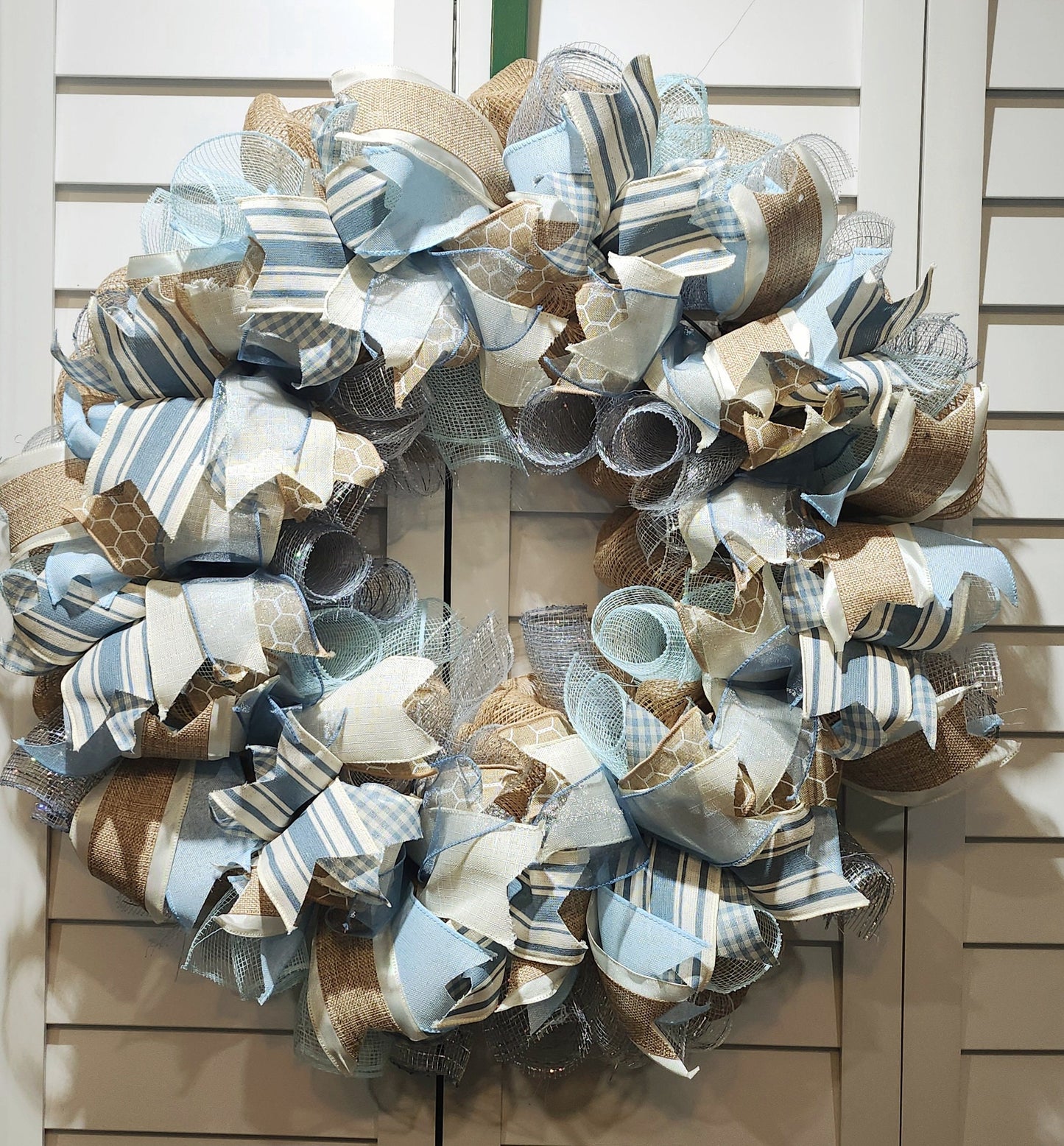 Handmade Wreath - Burlap, Blue and Off-White