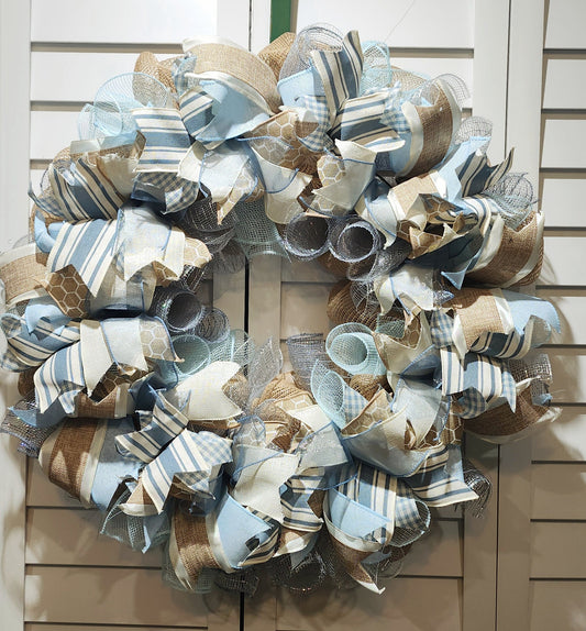 Handmade Wreath - Burlap, Blue and Off-White