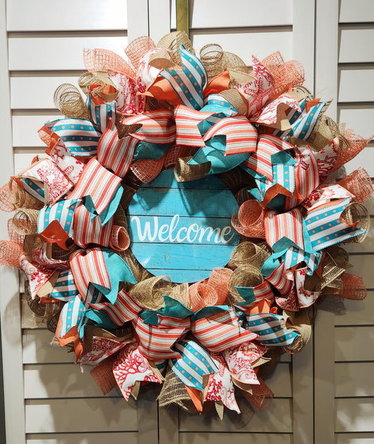 Seahorse Coastal Coral and Teal Handmade Wreath