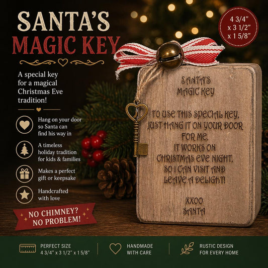Laser Engraved Santa's Magic Key Wood Block - Rustic Christmas Decor