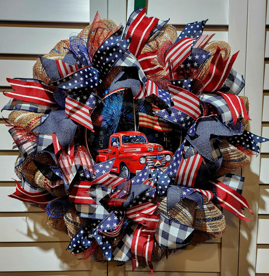 USA Flag - Red Farm Truck Door Wreath