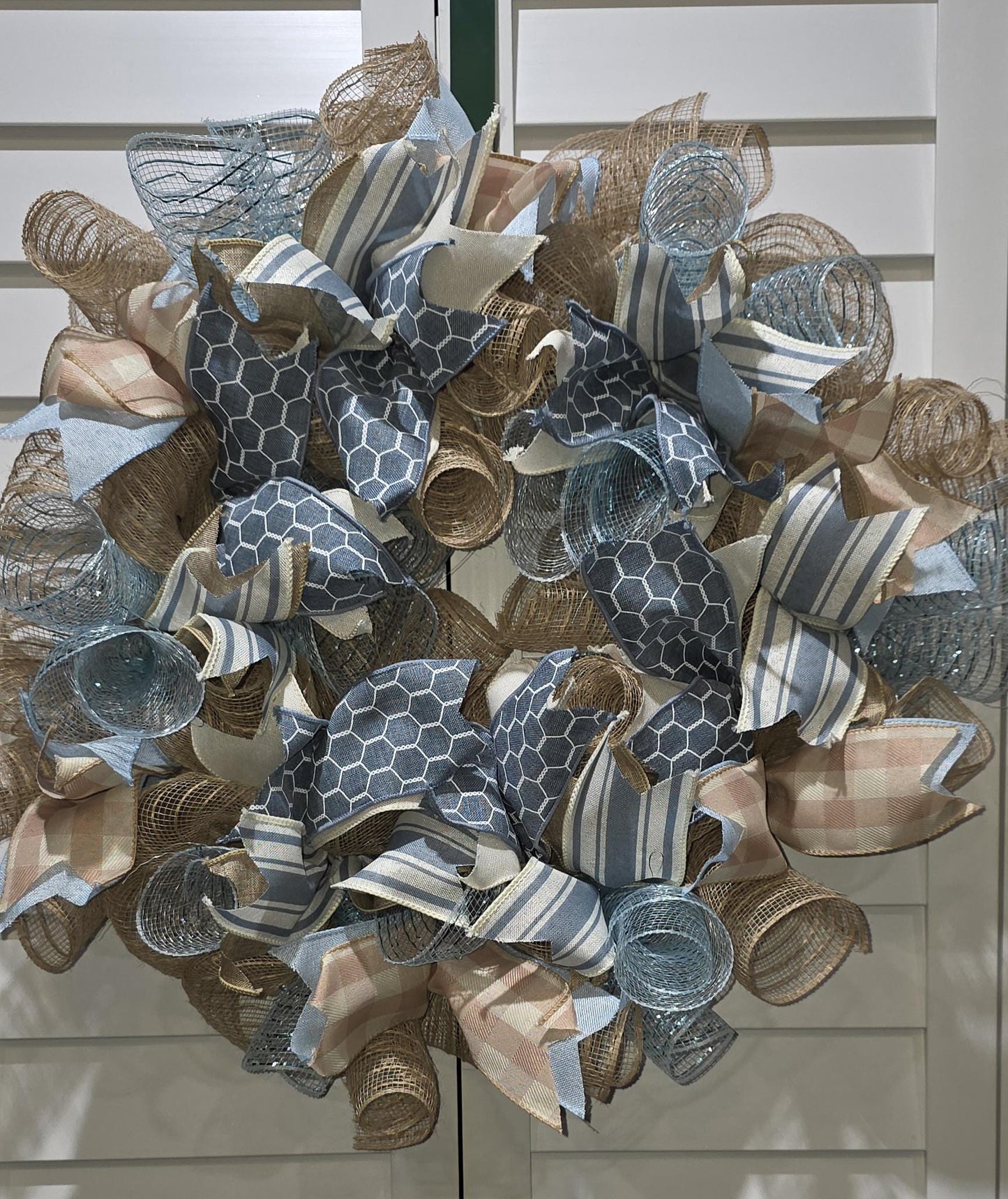 Handmade Wreath - Burlap, Blue and Off-White
