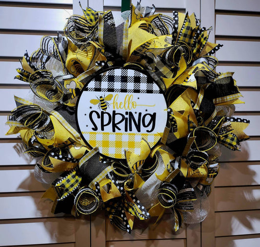 Yellow and Black Hello Spring Door Handmade Wreath Bees