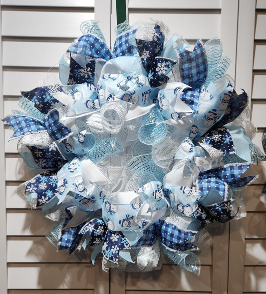 Holiday Blue and White Snowman Door Wreath