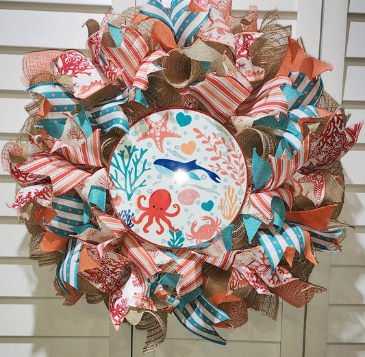 Seahorse Coastal Coral and Teal Handmade Wreath #2 Whale Sign