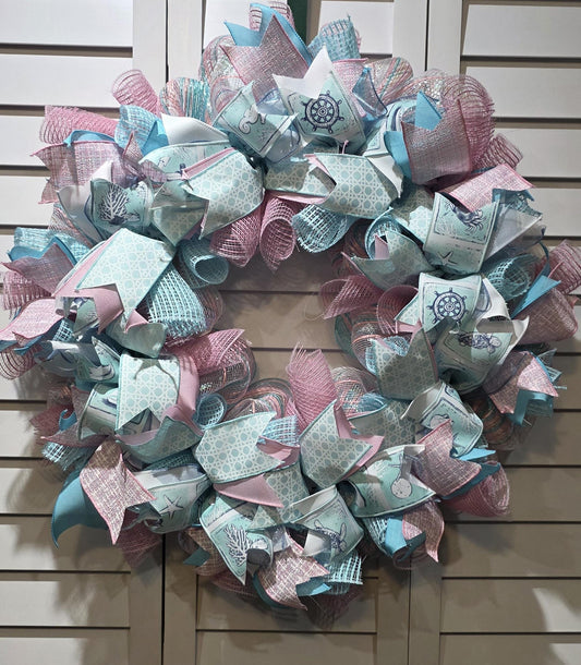Spring Coastal Nautical Handmade Wreath Pink and Teal