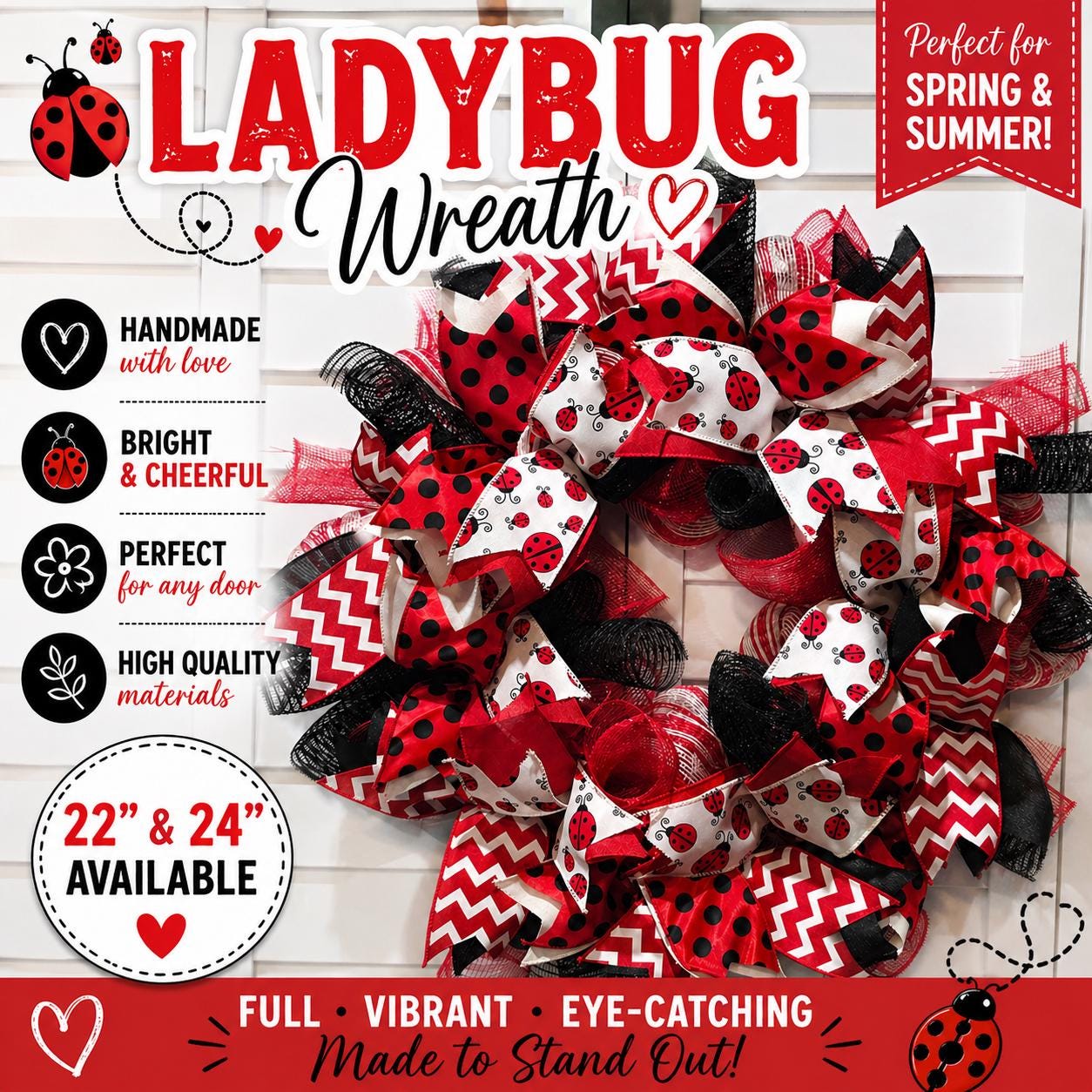 Ladybug Wreath for Front Door | Red Black Summer Wreath | 22" or 24" Deco Mesh Wreath | Spring Ladybug Decor | Everyday Door Wreath