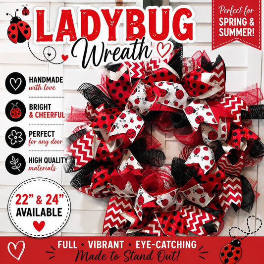 Ladybug Wreath for Front Door | Red Black Summer Wreath | 22" or 24" Deco Mesh Wreath | Spring Ladybug Decor | Everyday Door Wreath